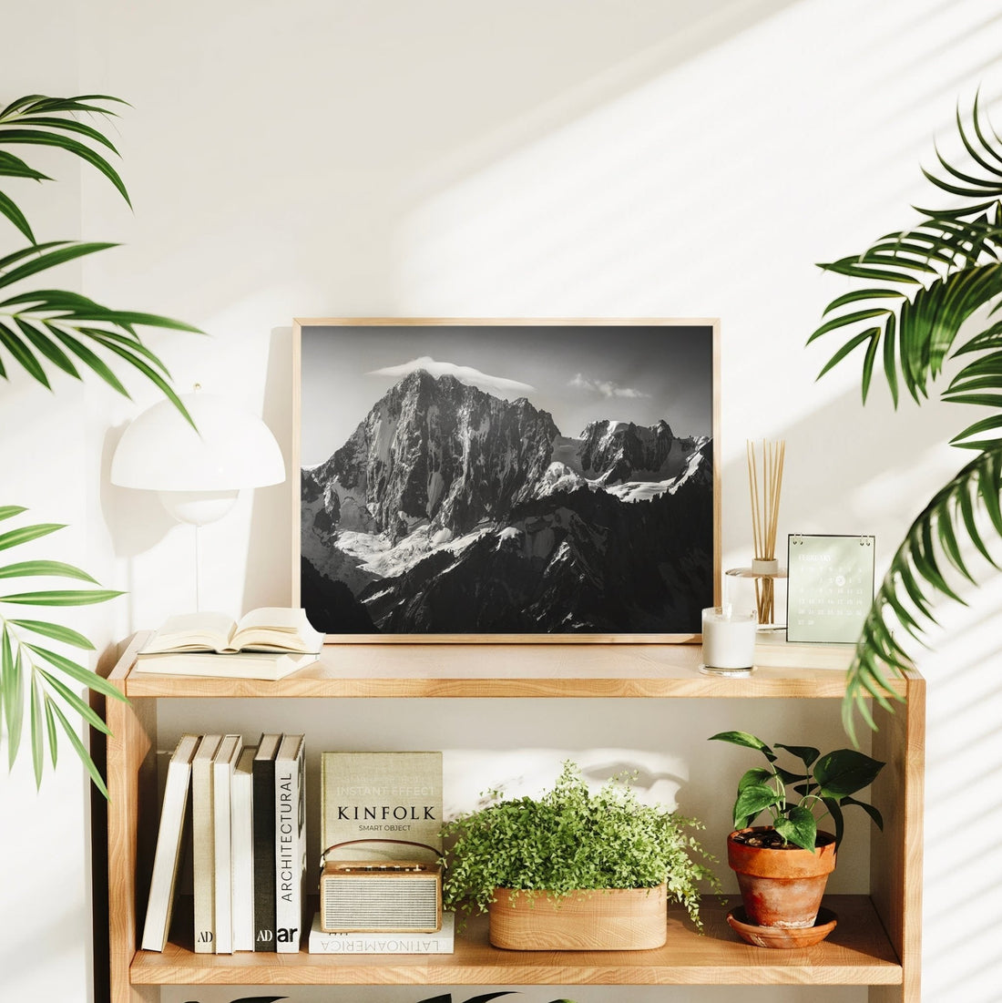 Fine art alpine mountain photography print of Grandes Jorasses in timeless black and white style.