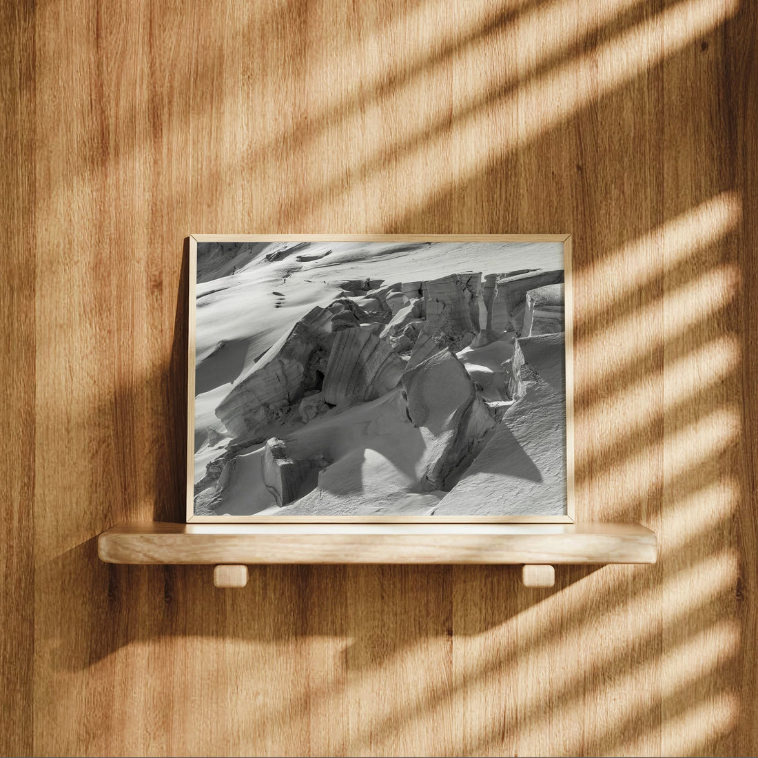 Abstract alpine glacier photo print featuring deep crevasses and light-shadow contrasts in the Mont Blanc region.