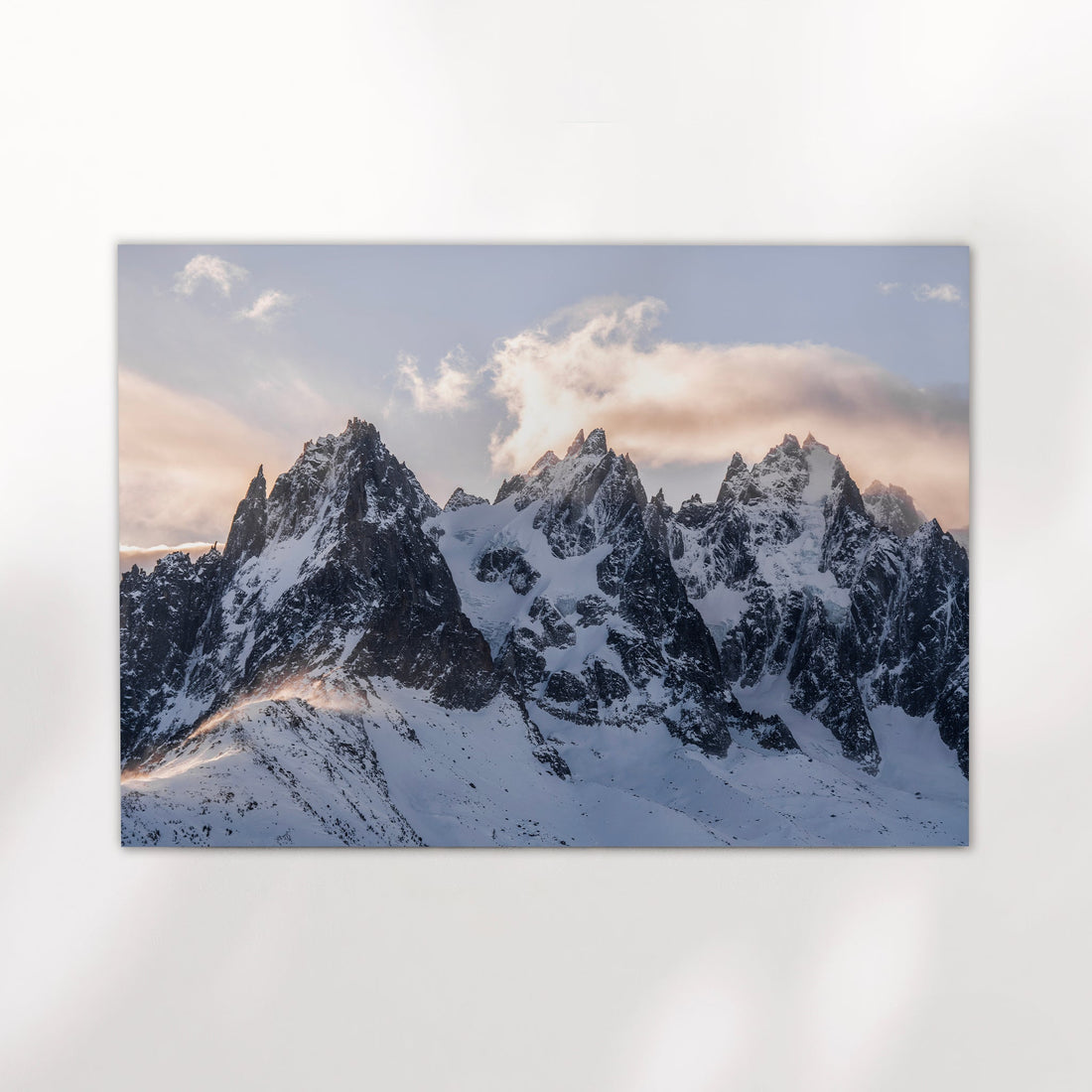 Fine art print of jagged peaks near Aiguille du Midi with pastel sky and snow