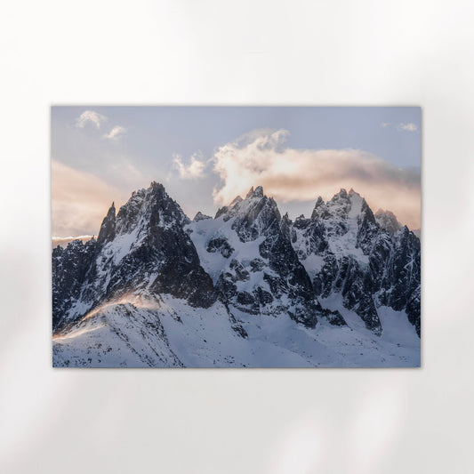 Fine art print of jagged peaks near Aiguille du Midi with pastel sky and snow
