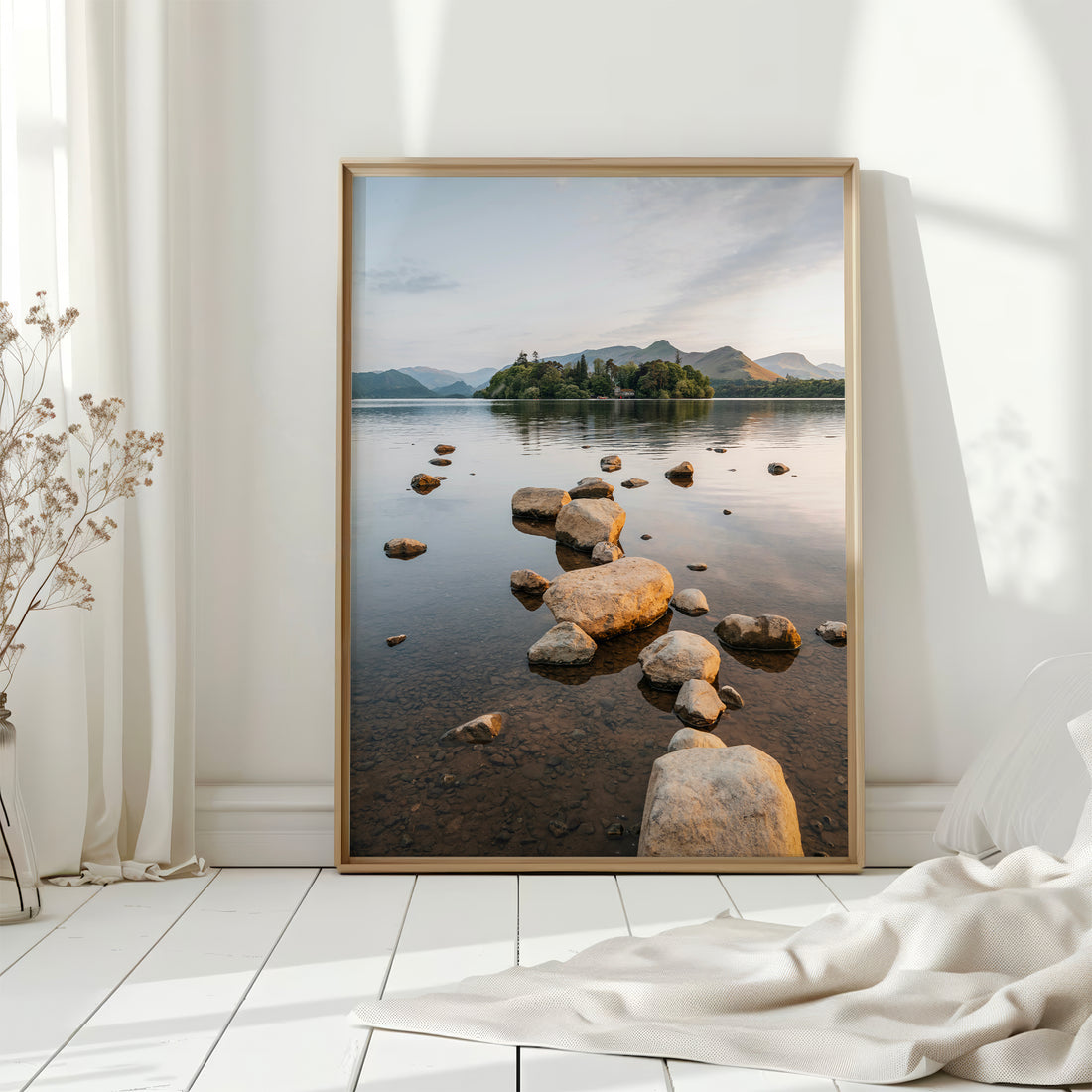 Large Derwentwater fine art print showing peaceful lake and mountain view in natural light