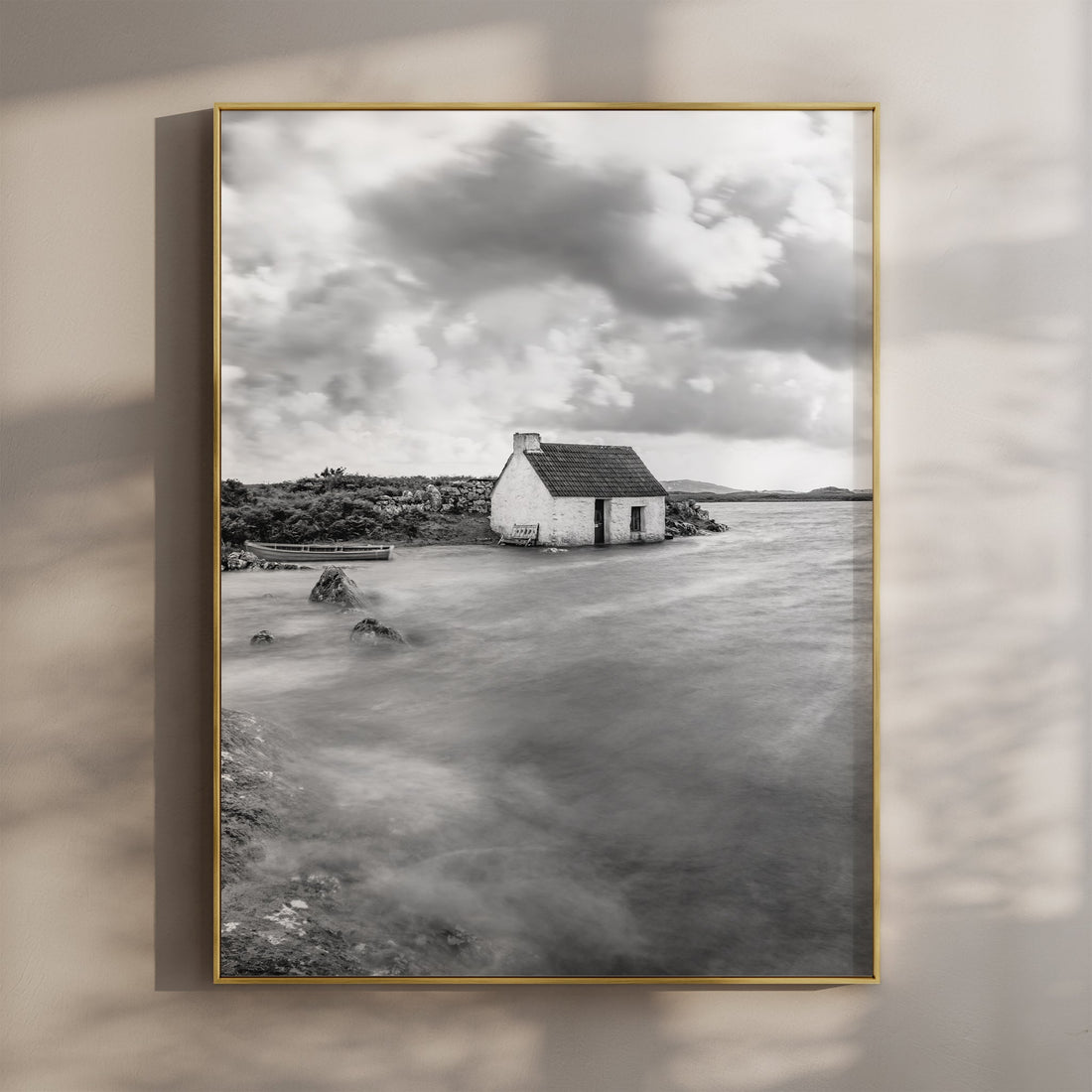 Black and white wall art of a fisherman's bothy on the Connemara coastline, Galway