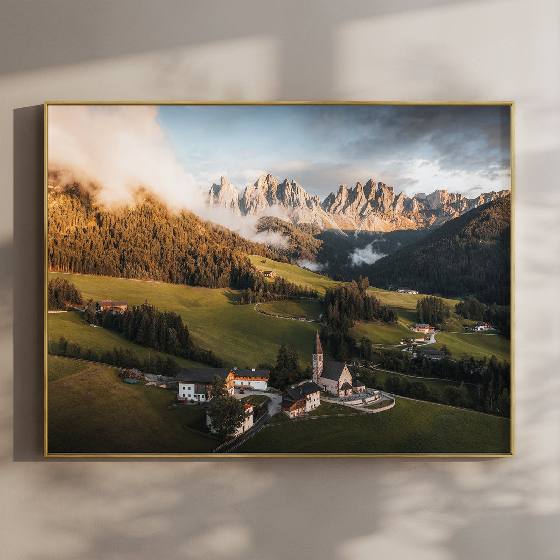 Golden light over St. Magdalena village and Odle mountain range, framed wall art print