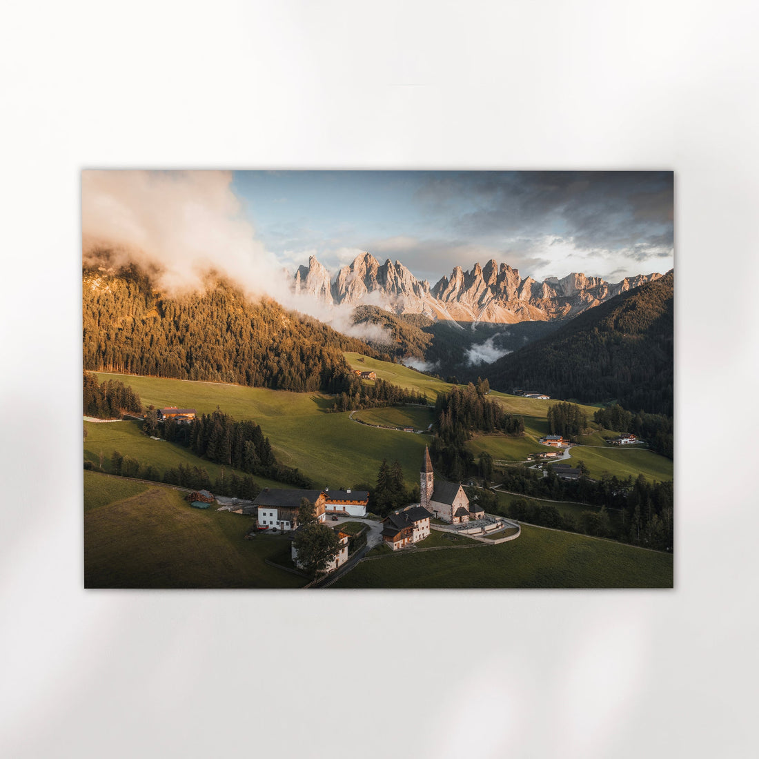 St. Magdalena and Odle Dolomites at sunrise, unframed fine art photo print