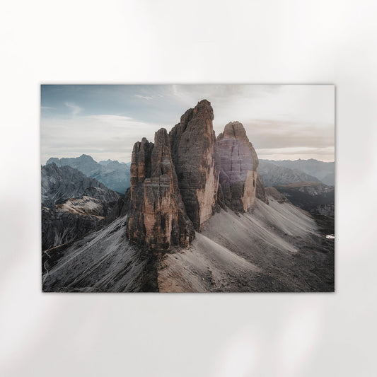 Tre Cime di Lavaredo Dolomites print, unframed fine art photography on white wall