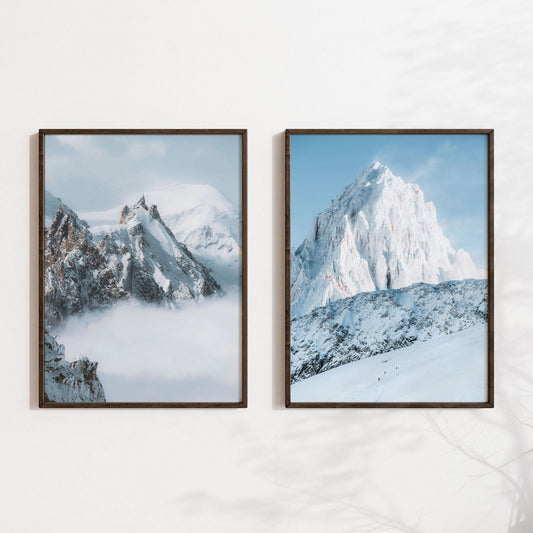 Aiguille du Midi and Grands Montets prints with a modern dark wood frame against a light background.