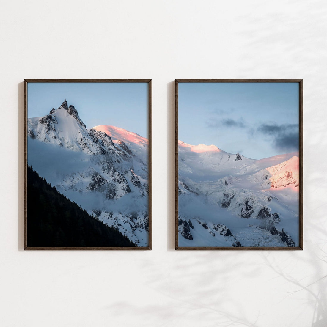 Aiguille du Midi and Mont Blanc sunrise view with wallpapered interior decor setting