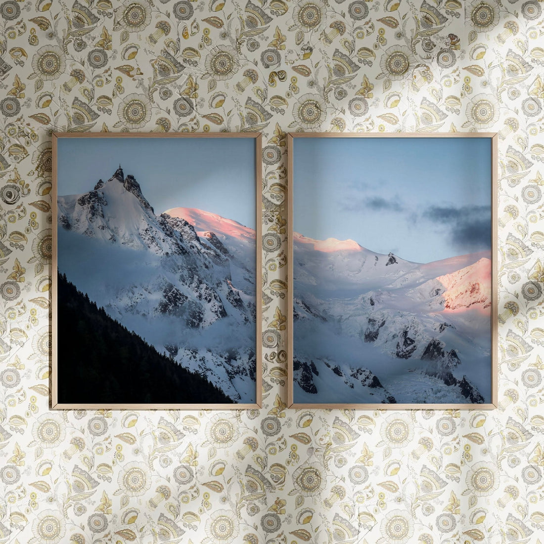 Aiguille du Midi and Mont Blanc morning light, showcased on a minimalist white wall