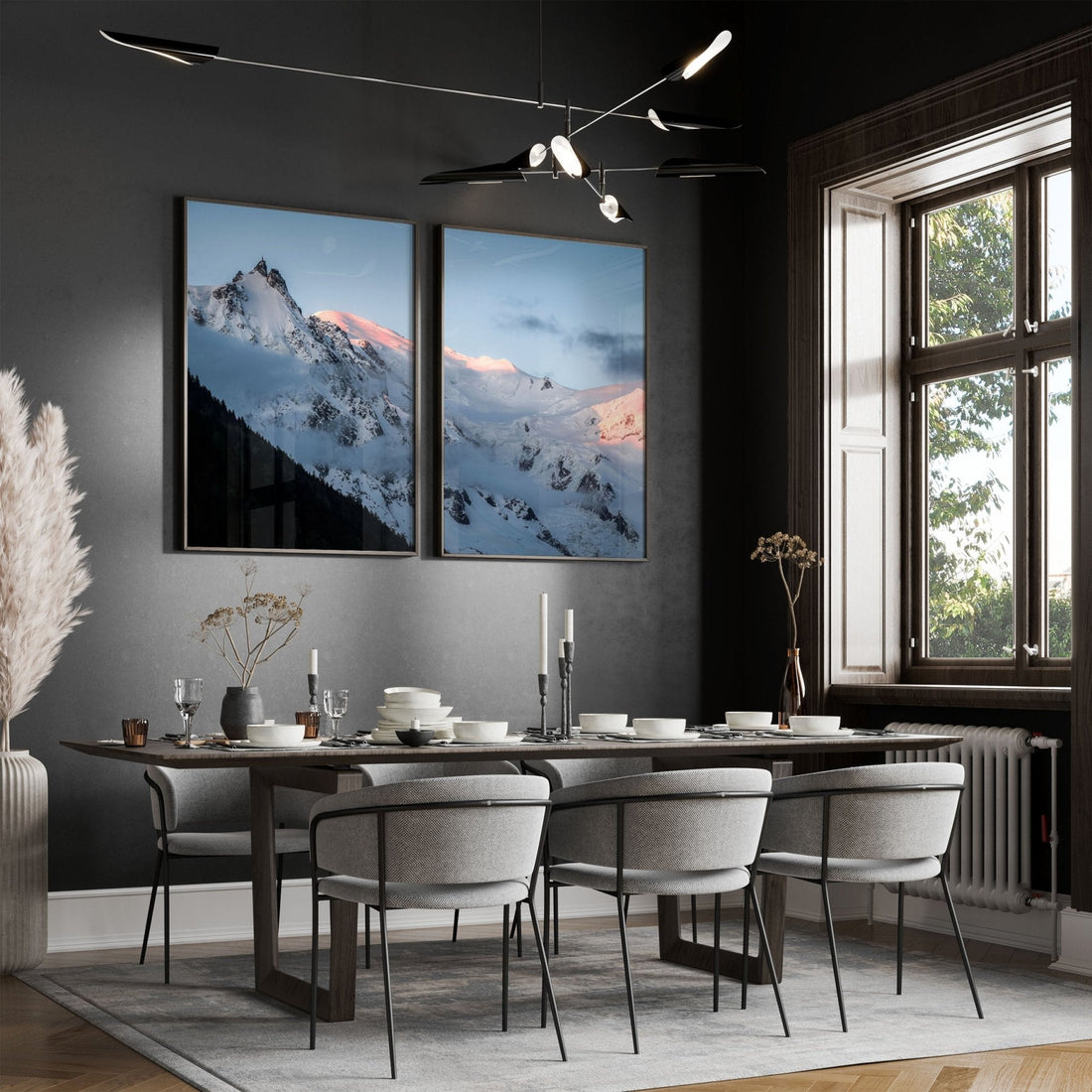 Aiguille du Midi and Mont Blanc sunrise glow, styled in a contemporary dining area