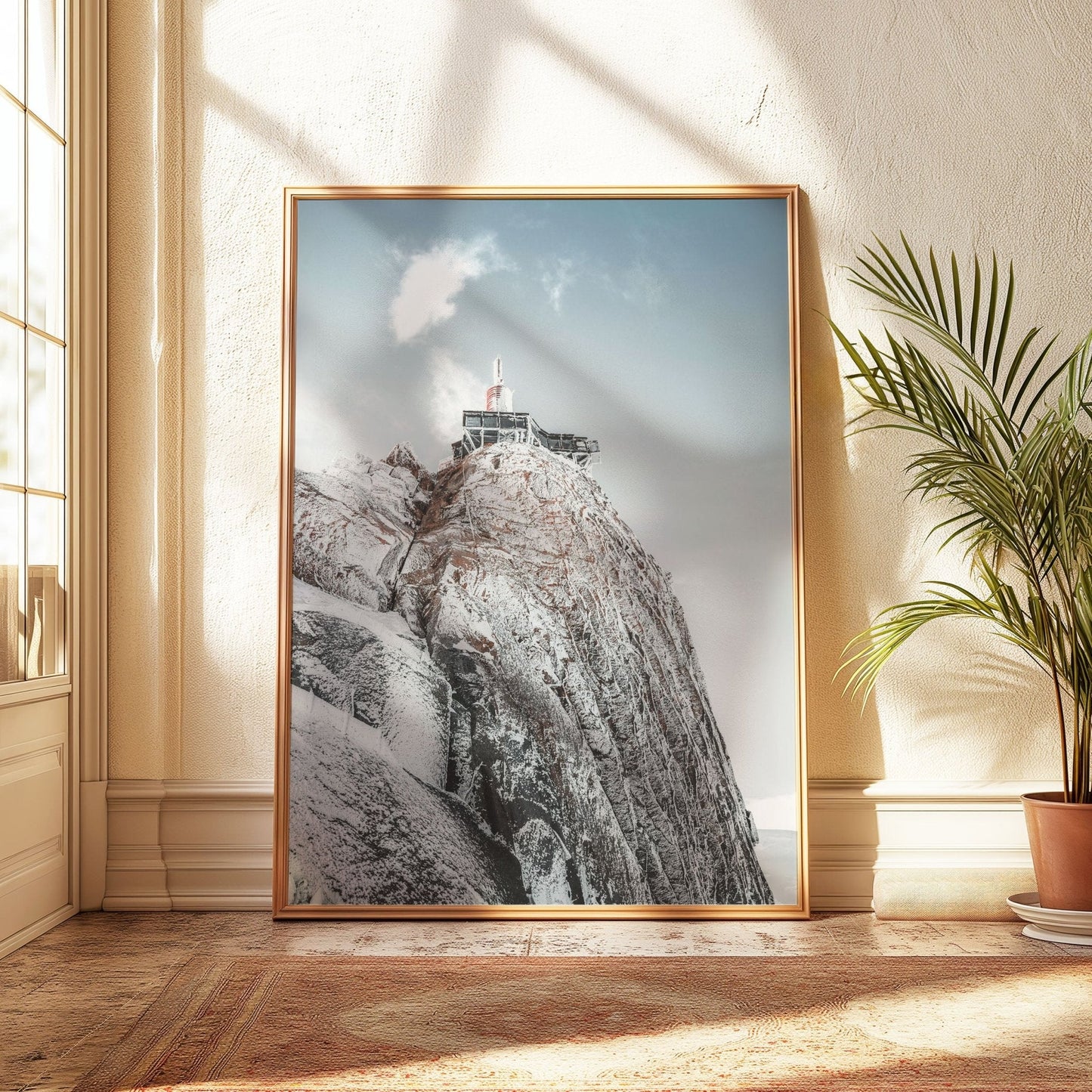 Close-up of the Aiguille du Midi observation deck covered in snow