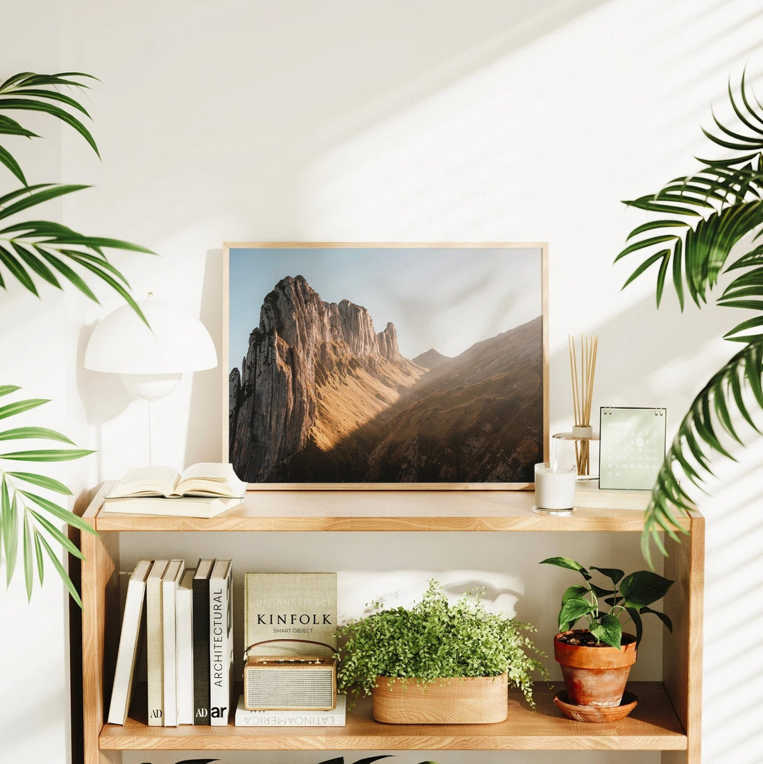Framed fine art print of Saxer Lücke cliffs with soft sunlight and shadow play on the alpine slopes.