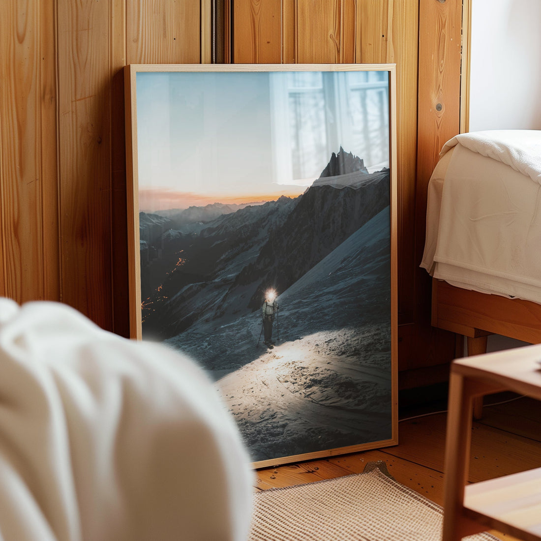 Glacier print of a climber under evening light, resting on wood-panelled wall