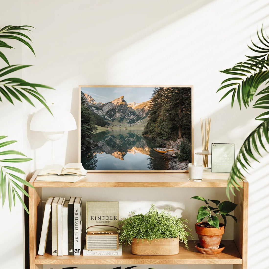 Framed mountain print of Seealpsee with scenic landscape and idyllic lake tucked in the Appenzell Alps.