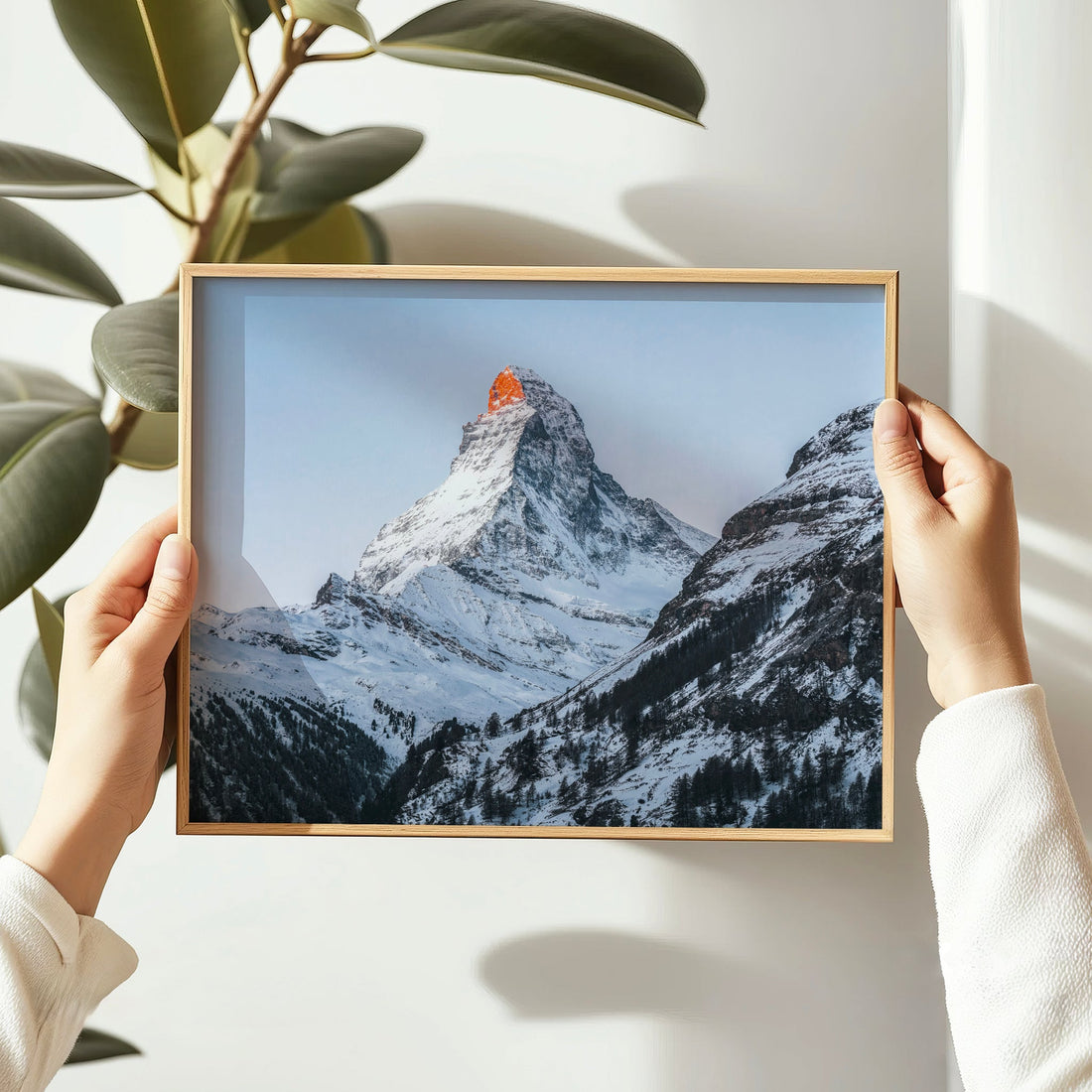 Framed Swiss Alps landscape print featuring the iconic Matterhorn bathed in soft morning light.