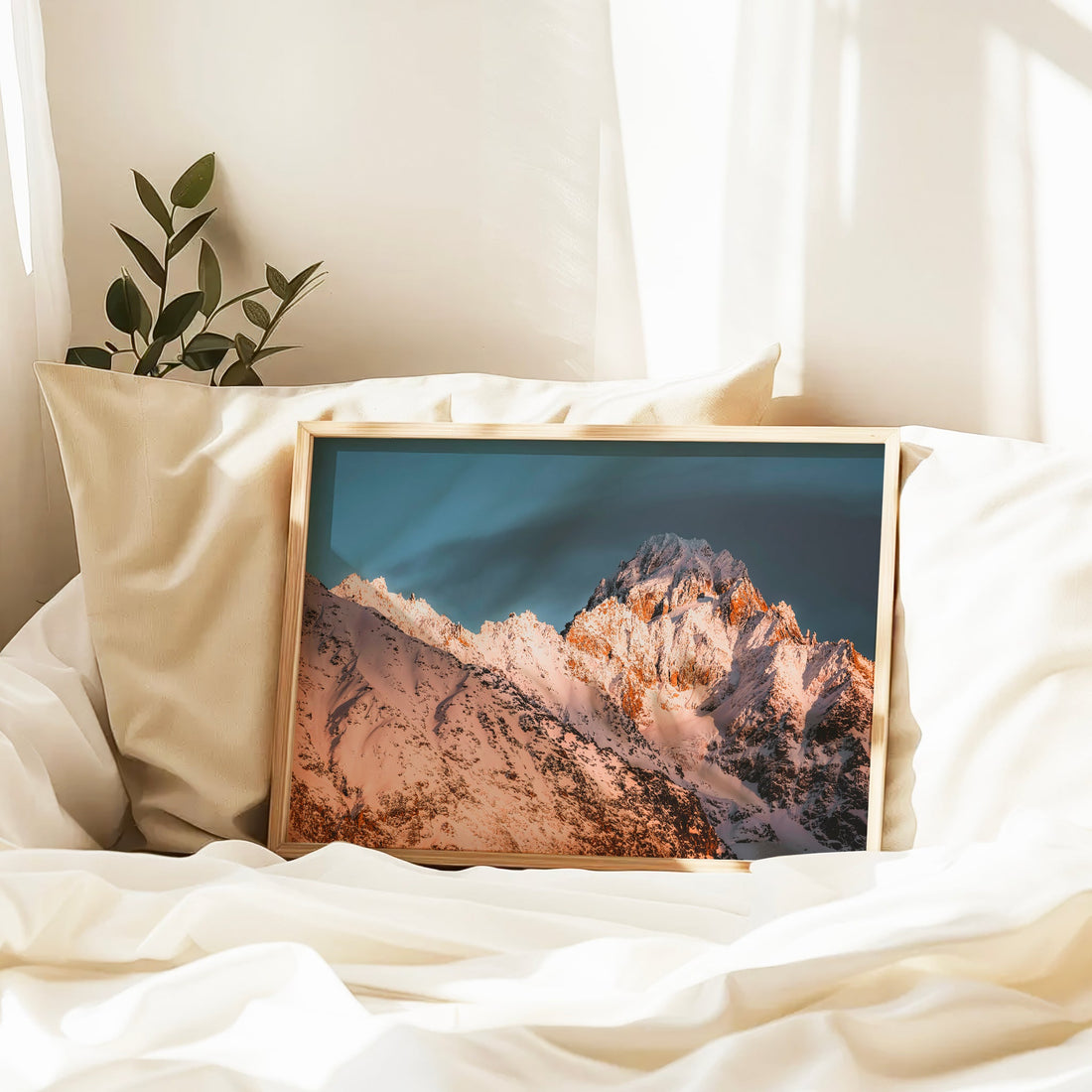 Serene French alpine landscape print with glowing ridges and the Chamonix skyline at dusk.