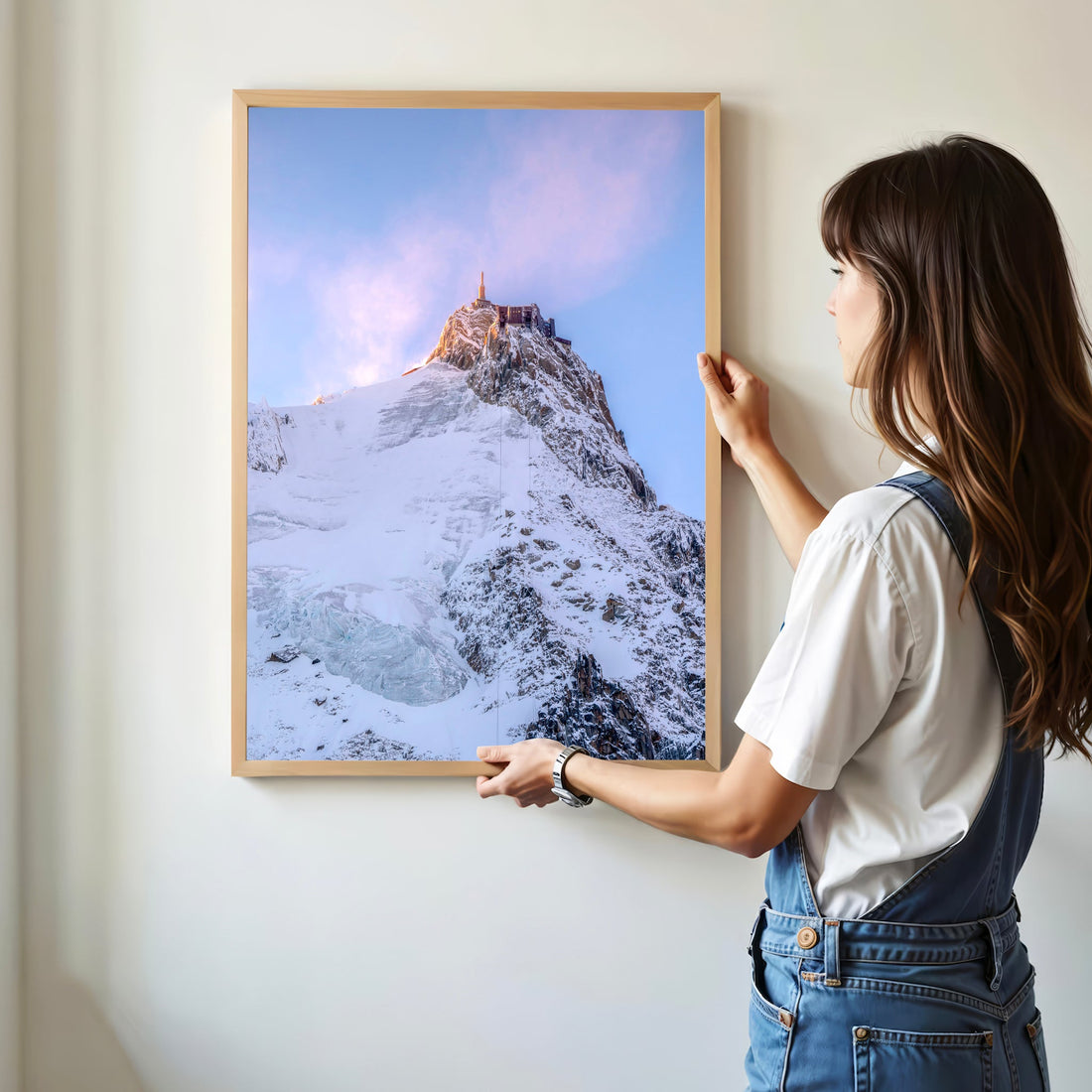 Captivating French Alps art print of Aiguille du Midi with soft sunset hues and pristine snow.