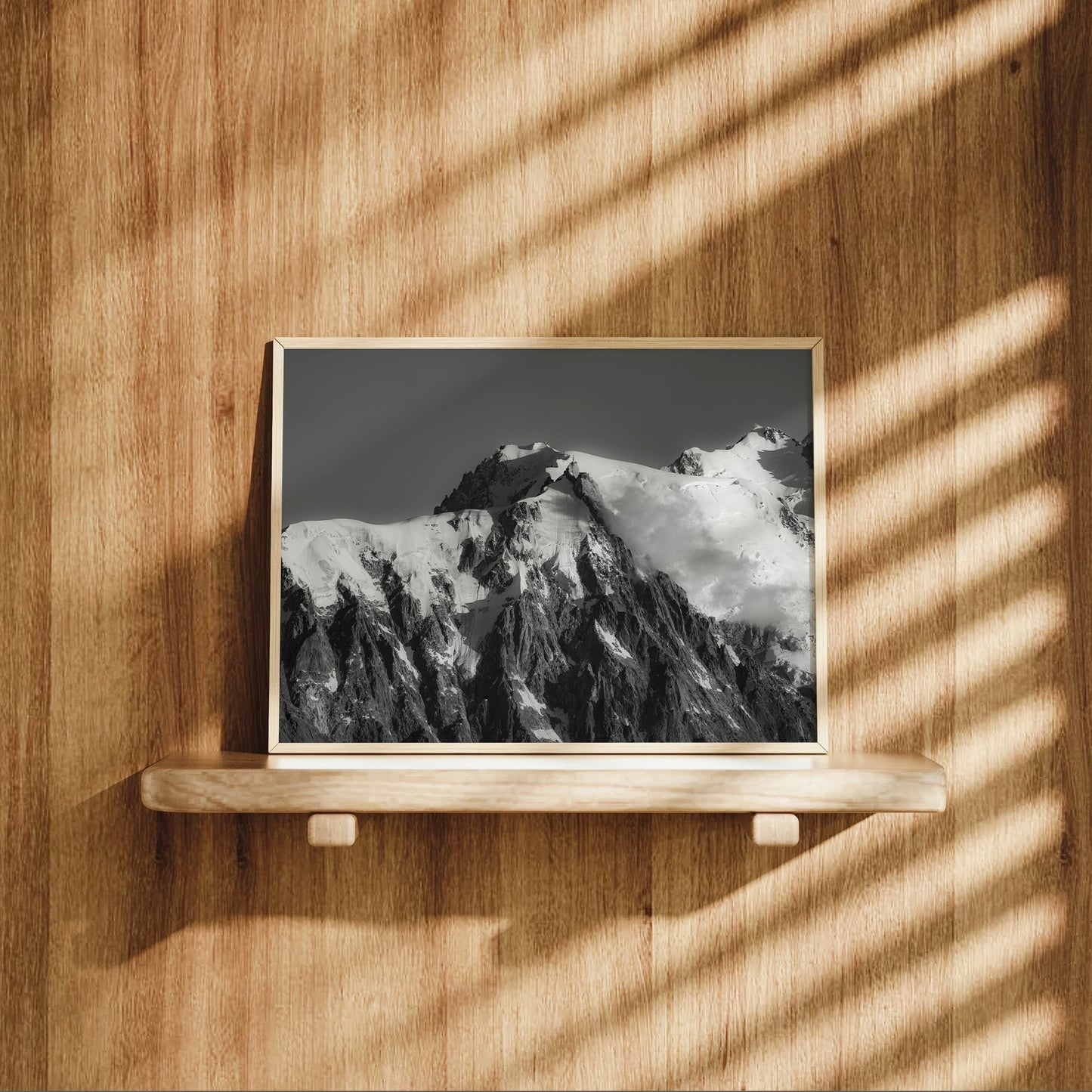 Striking French Alps wall art print featuring Aiguille du Midi in timeless black and white tones.
