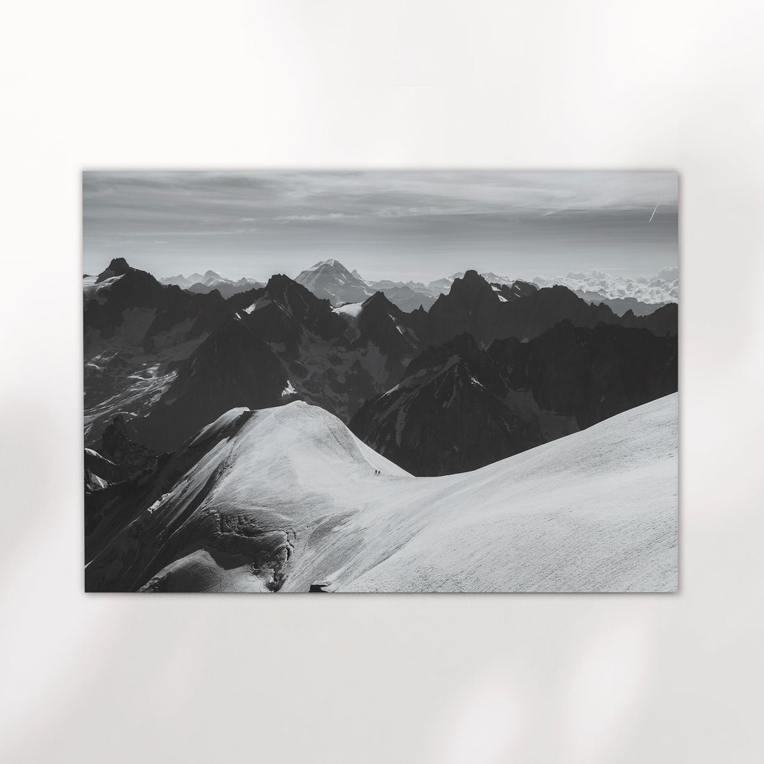 Black and white Alps wall art showcasing dramatic mountain silhouettes and alpine textures near Chamonix.