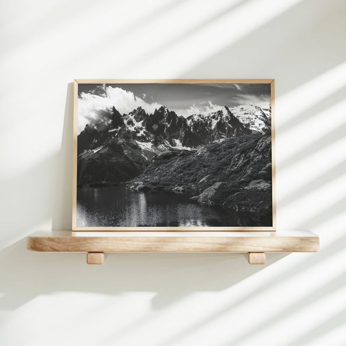 Chamonix Lac Blanc art print showing a peaceful mountain lake scene in the heart of the French Alps.