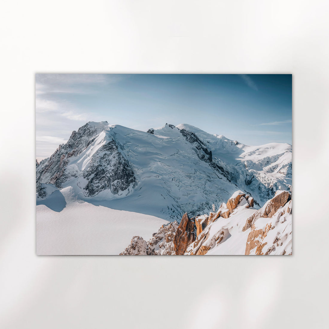 Wall art print of the Cosmiques Arête ridge and snowy Mont Blanc peaks in the French Alps.