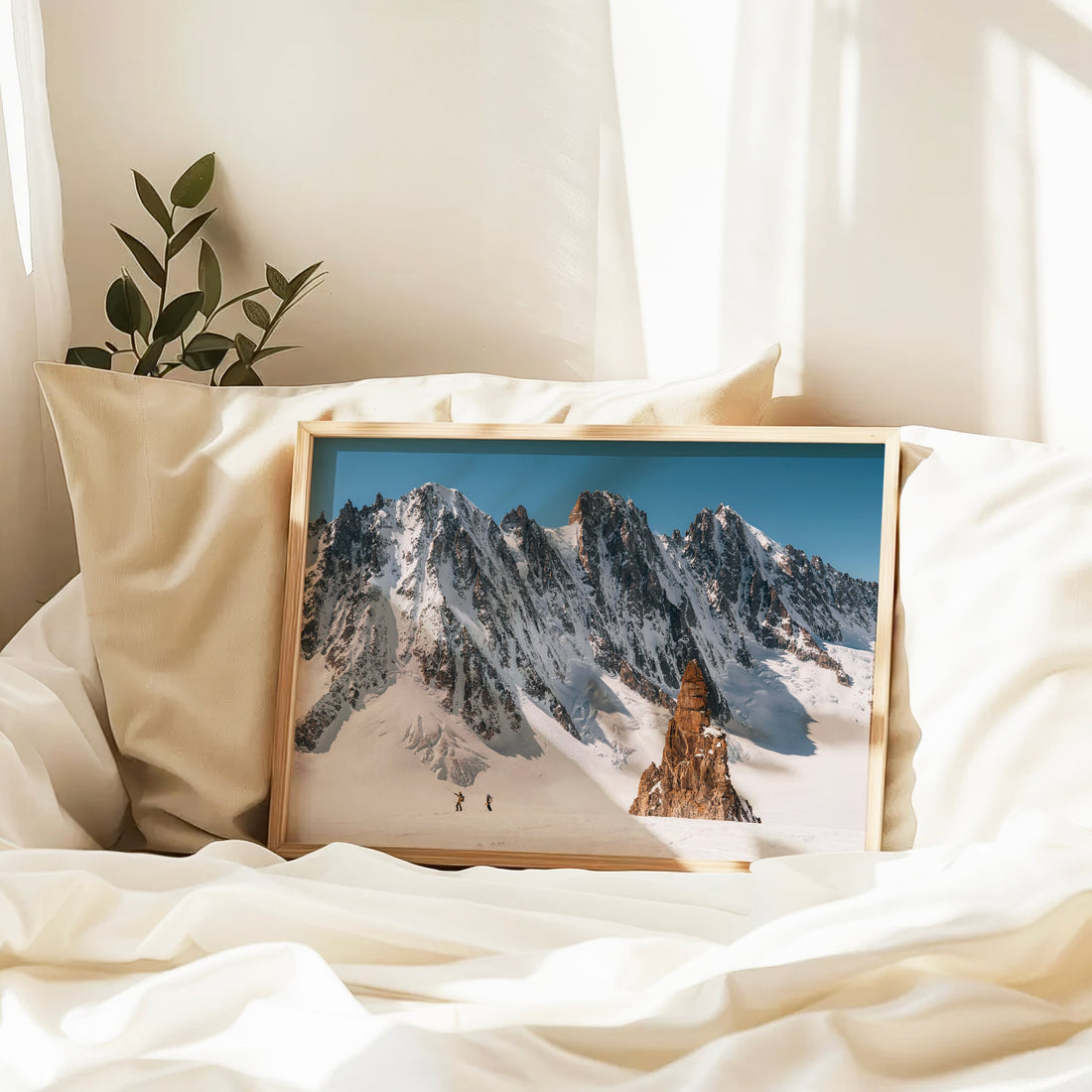 Breathtaking French Alps art print of the Argentière Glacier with sharp peaks and climbers in the distance.