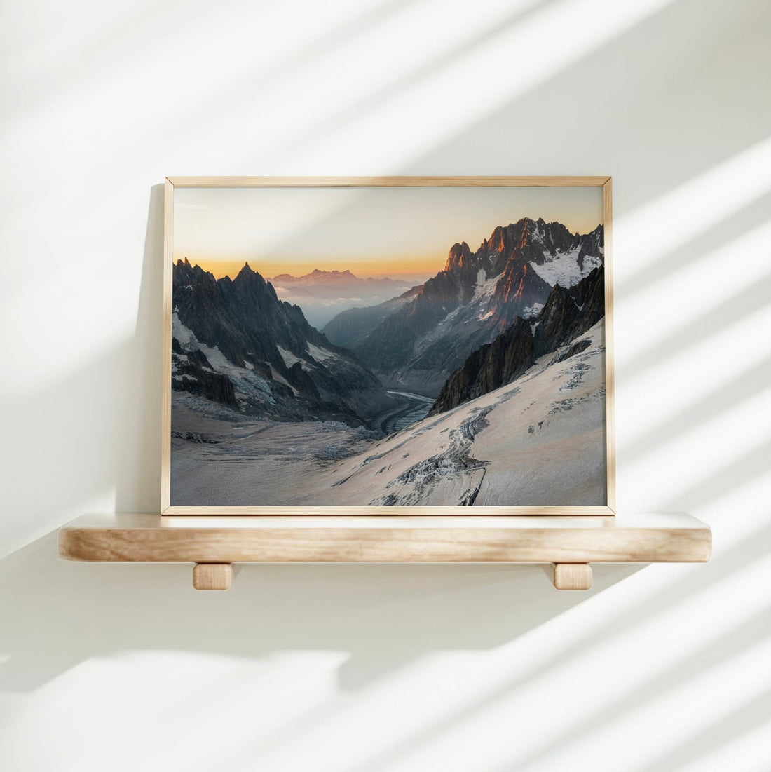 French Alps wall art print showcasing the Mer de Glace glacier framed by jagged peaks and soft morning mist.