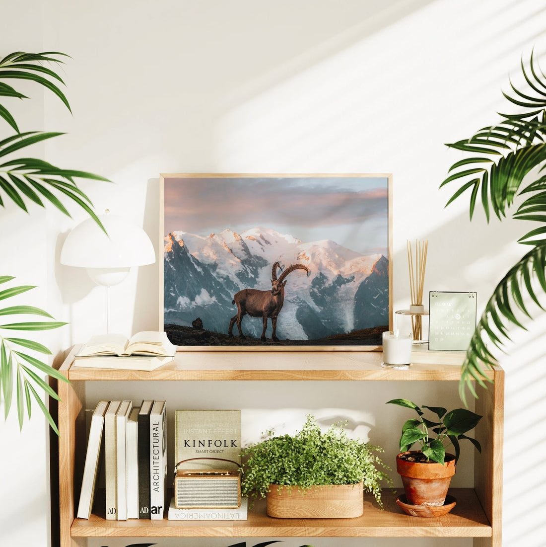 Serene landscape print of a French Alps ibex in evening light, with towering Mont Blanc glaciers behind.