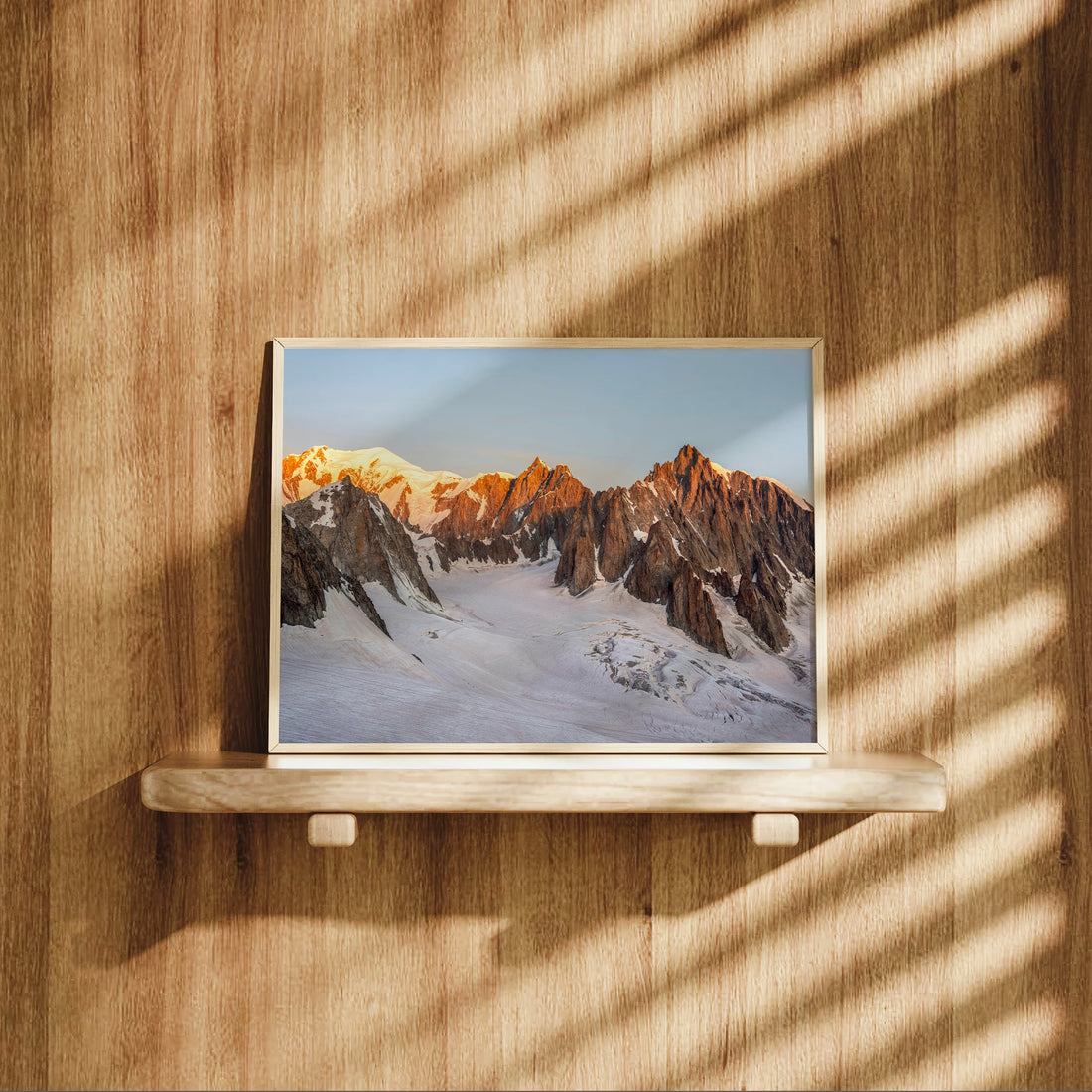 Glacial French Alps wall art print showcasing morning light on the Mont Blanc massif near Chamonix.