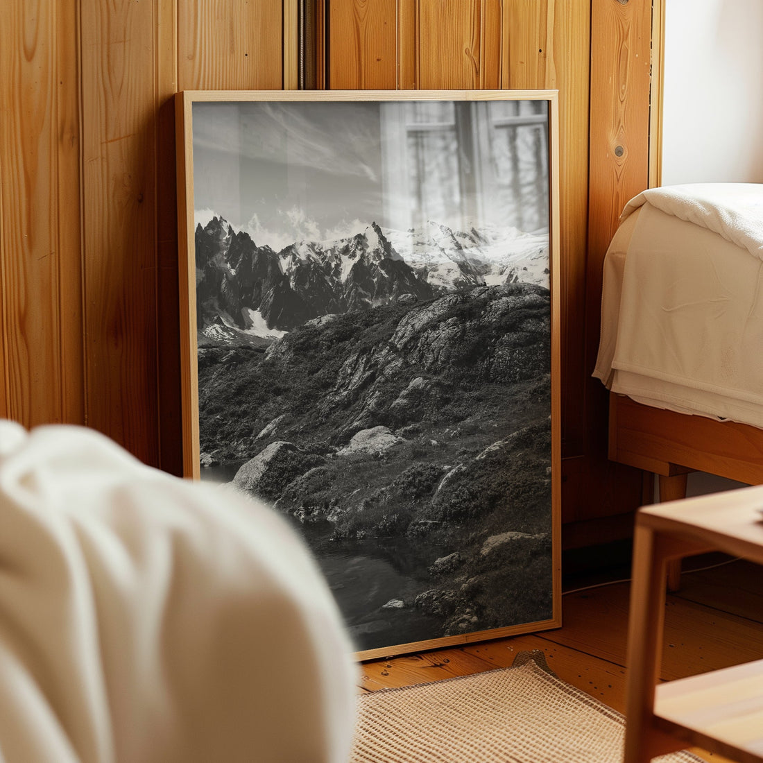A breathtaking French Alps landscape print featuring Mont Blanc's peaks and the tranquil waters of Lac Flégère.
