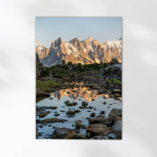 Breathtaking French Alps landscape wall art with a mountain reflection in a crystal-clear alpine pond.