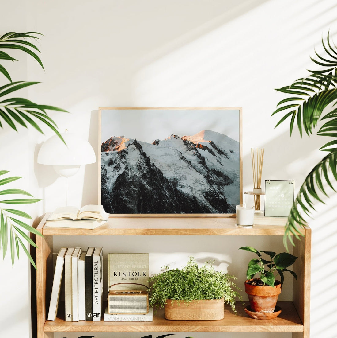 Minimalist decor print of the Mont Blanc glacier and sun-kissed summit ridges in Chamonix, France.