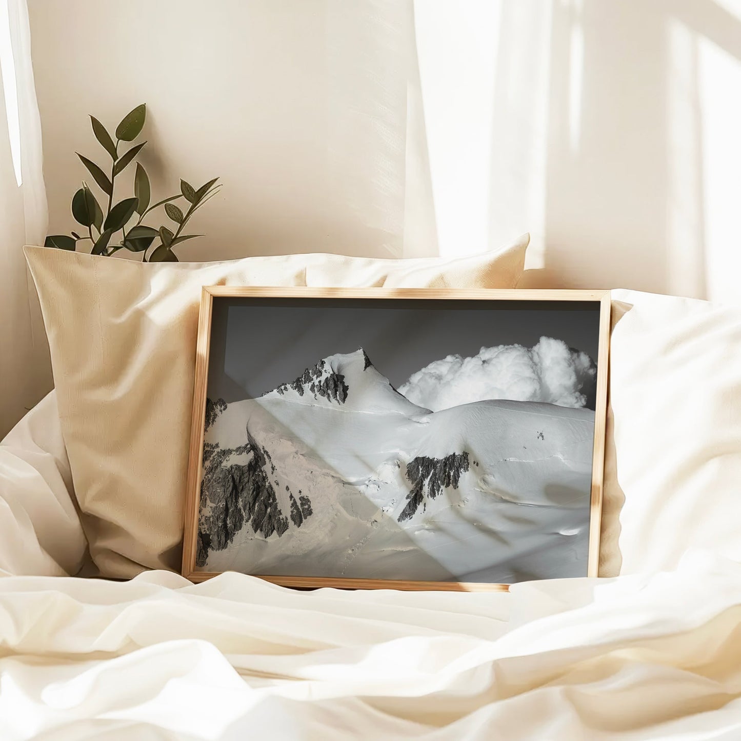 Elegant French Alps photography print in monochrome, showcasing the rugged slopes of Mont Maudit.