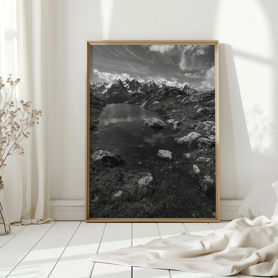 Breathtaking French Alps mountain lake art print with serene water reflections and rugged terrain.