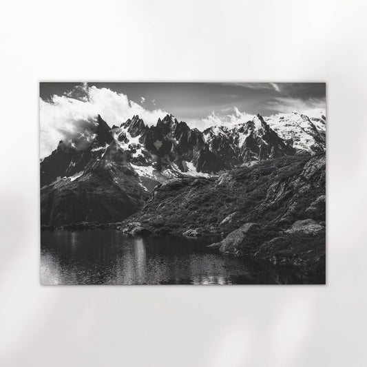 Fine art photo print of a mountain lake in the French Alps, capturing Lac Blanc and the surrounding peaks.