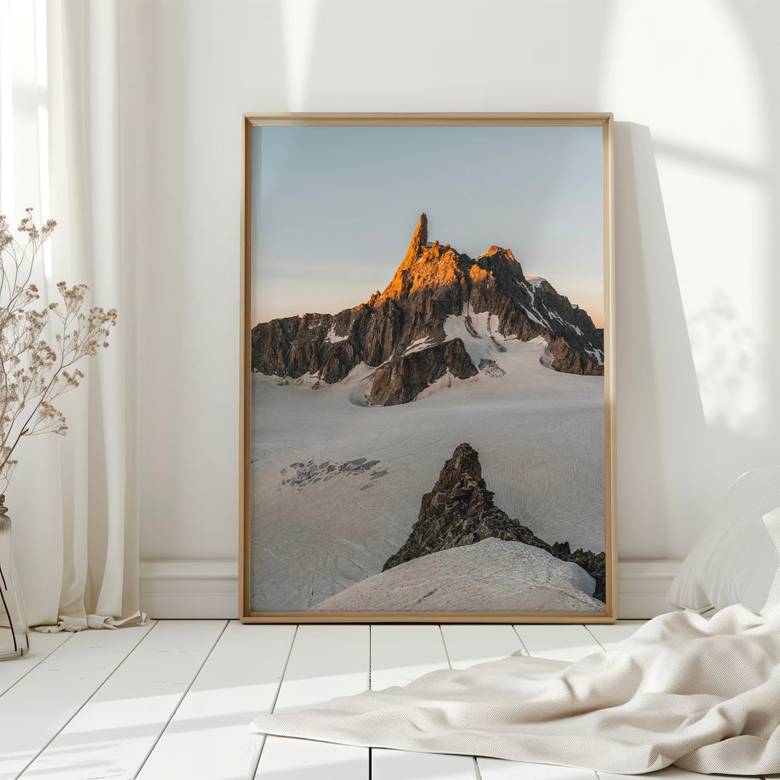 Scenic landscape photography print of the Dent du Géant with golden hour lighting.
