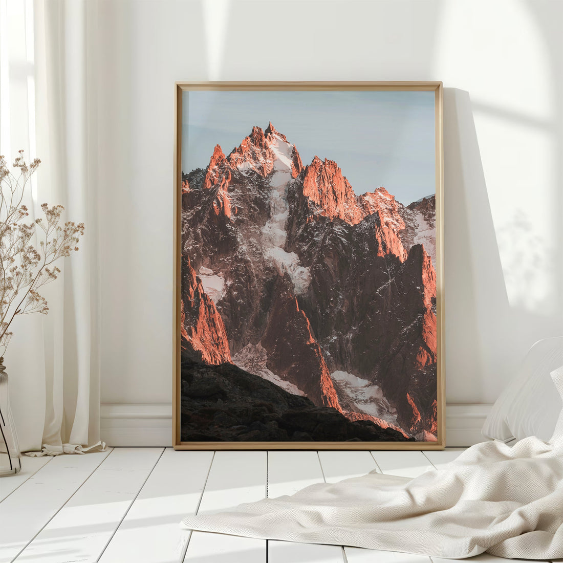 Scenic French Alps landscape photography print, capturing jagged peaks with soft evening light.