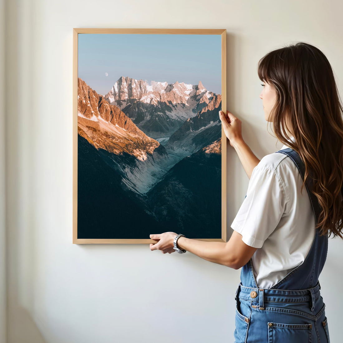 A dramatic French Alps mountain landscape print, highlighting the towering Grand Jorasses and the iconic Mer de Glace.