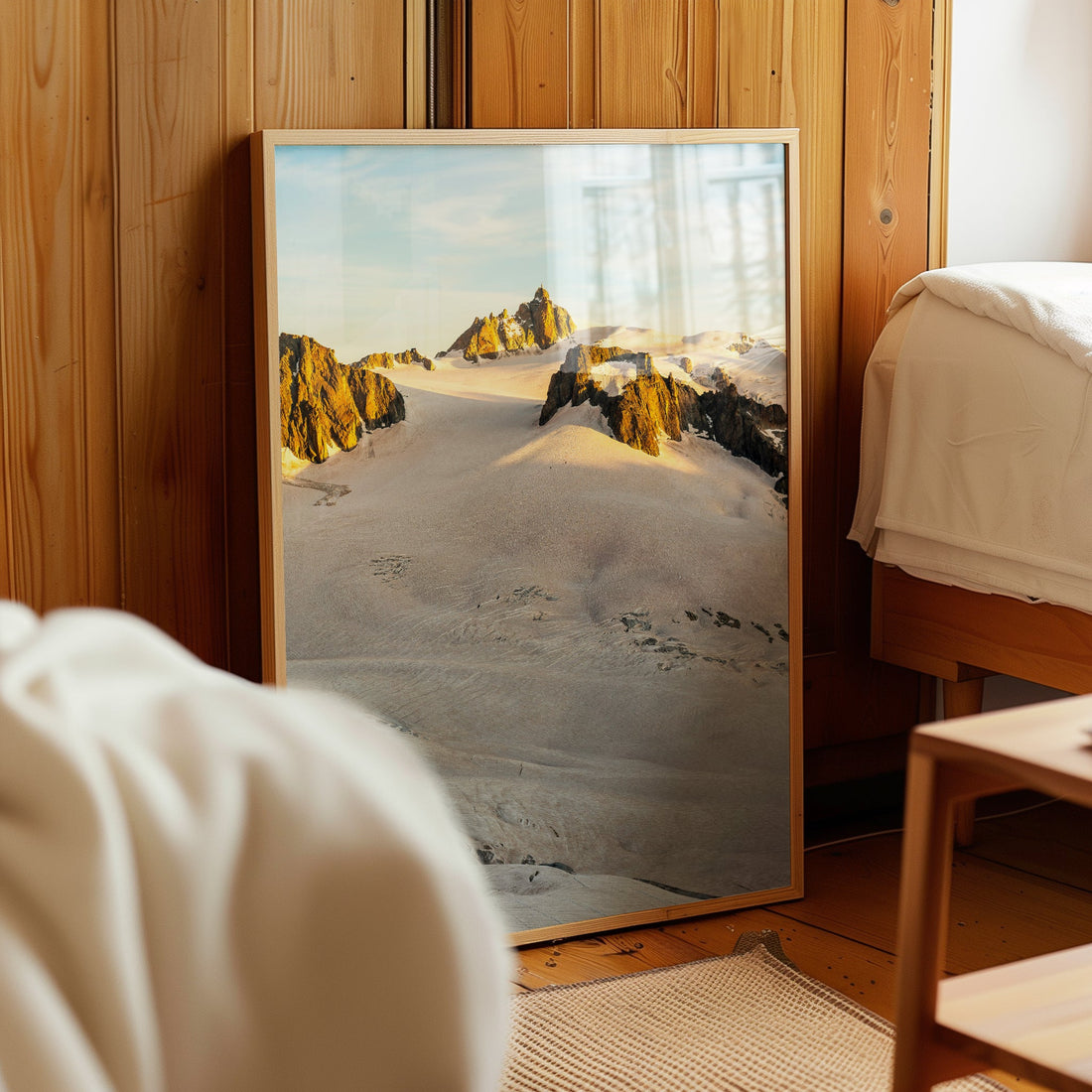 Breathtaking landscape print of the French Alps with sunrise illuminating the Aiguille du Midi.