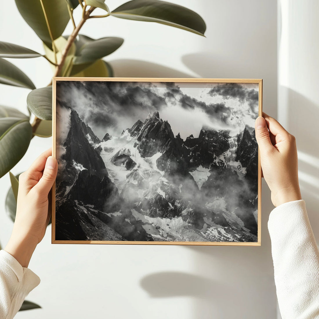 Monochrome Alps landscape wall art capturing the towering mountain peaks near Mont Blanc.