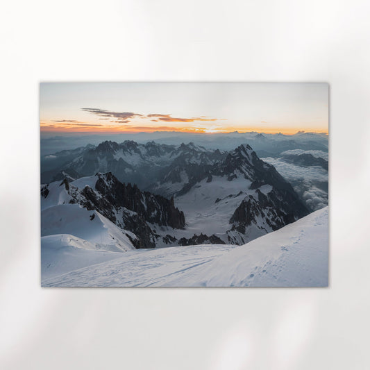 Fine art landscape photography print of the French Alps viewed from the Mont Blanc summit at dawn.