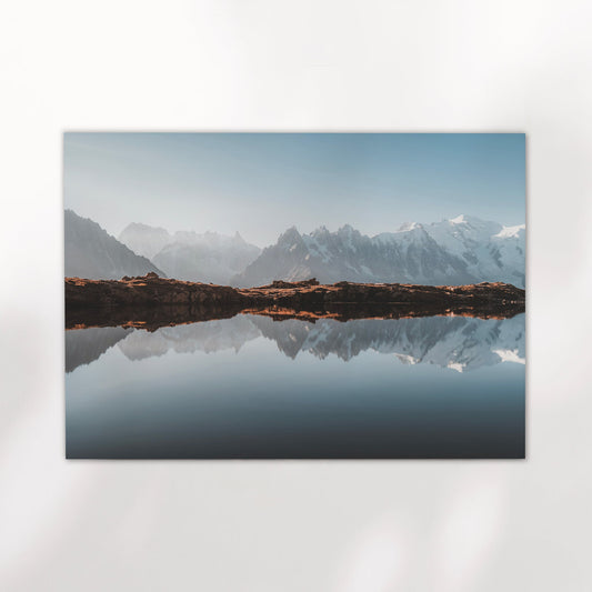 Serene Chamonix wall art print showing Mont Blanc mirrored in calm waters from Lacs des Chéserys in the French Alps.