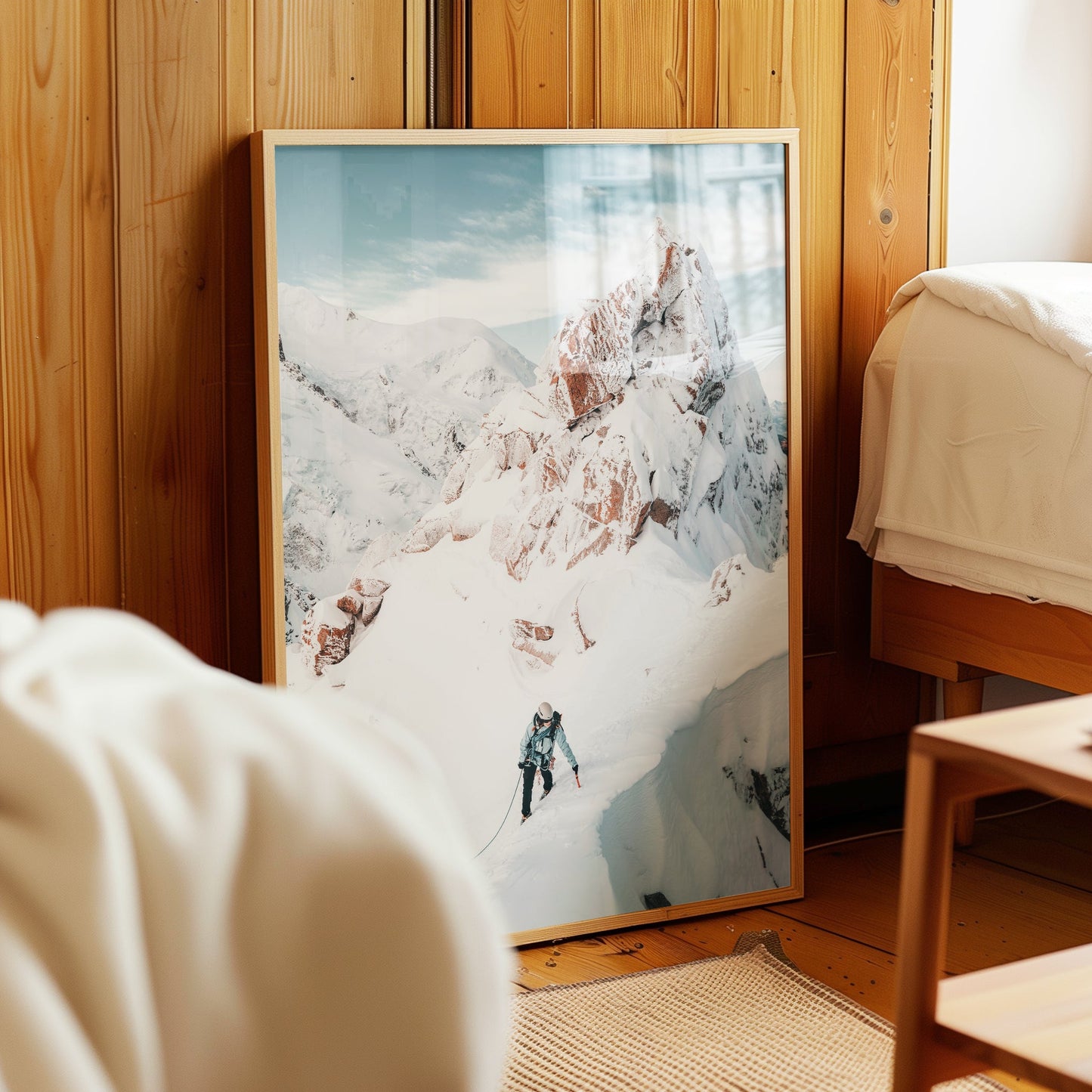 Mountaineering adventure print featuring a solo climber scaling the snowy Cosmiques Ridge.