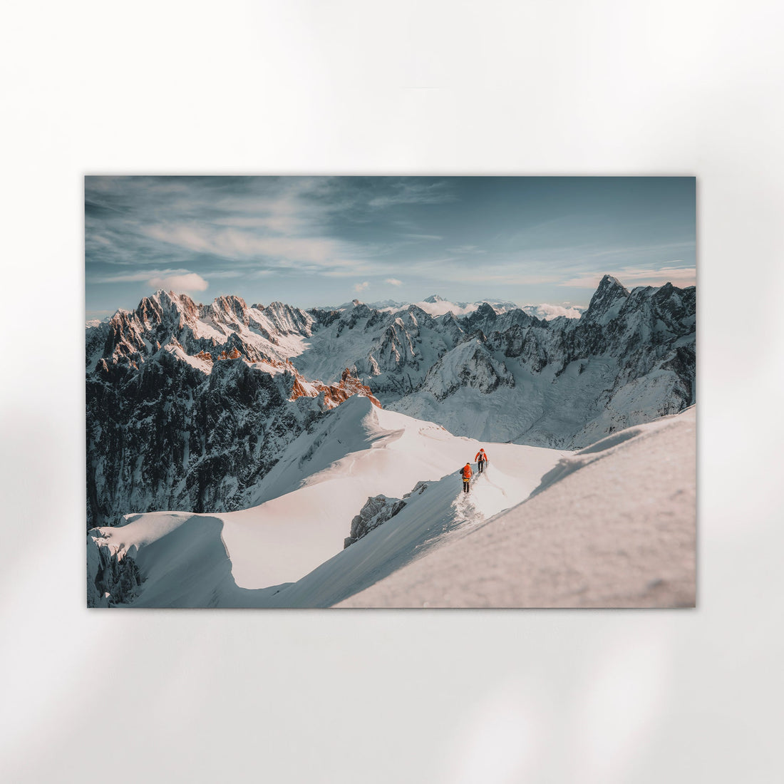Minimalist fine art print featuring mountaineers ascending the snowy ridge of Aiguille du Midi, Chamonix.