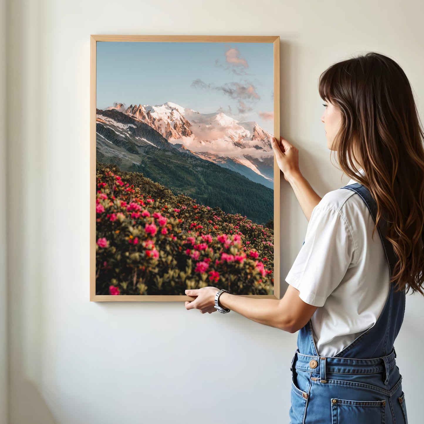 Breathtaking French Alps nature photography print showcasing wildflowers and towering peaks.