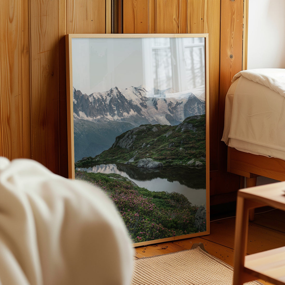 Stunning French Alps wall art showcasing a peaceful mountain lake with Mont Blanc in the background.