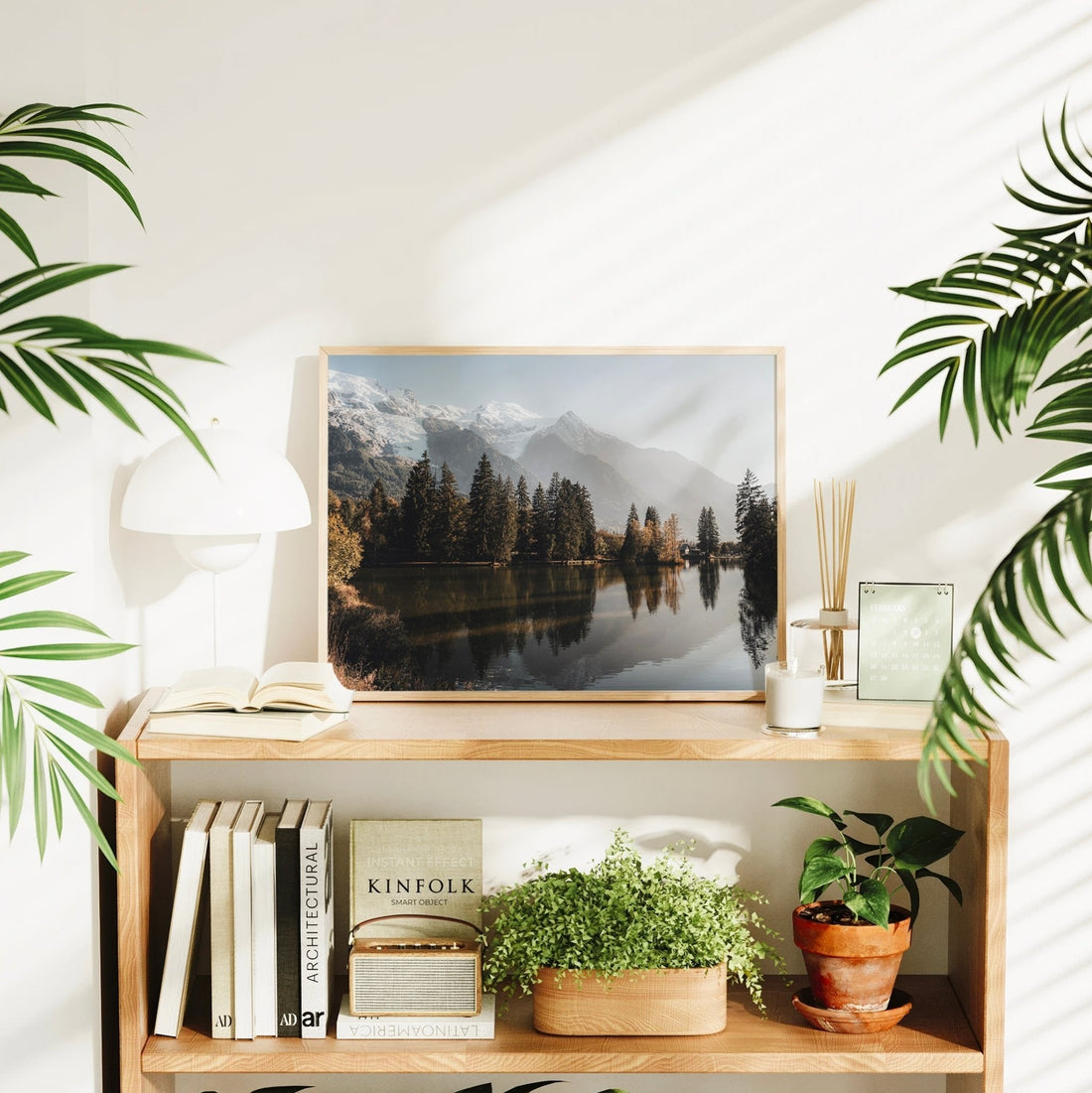 French Alps nature print showing Mont Blanc behind pine forests and calm reflective waters in autumn tones.