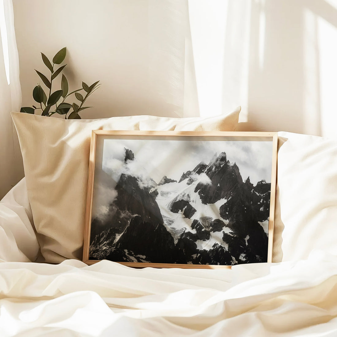 French Alps photography print showcasing the iconic Aiguilles near Mont Blanc in black and white tones.