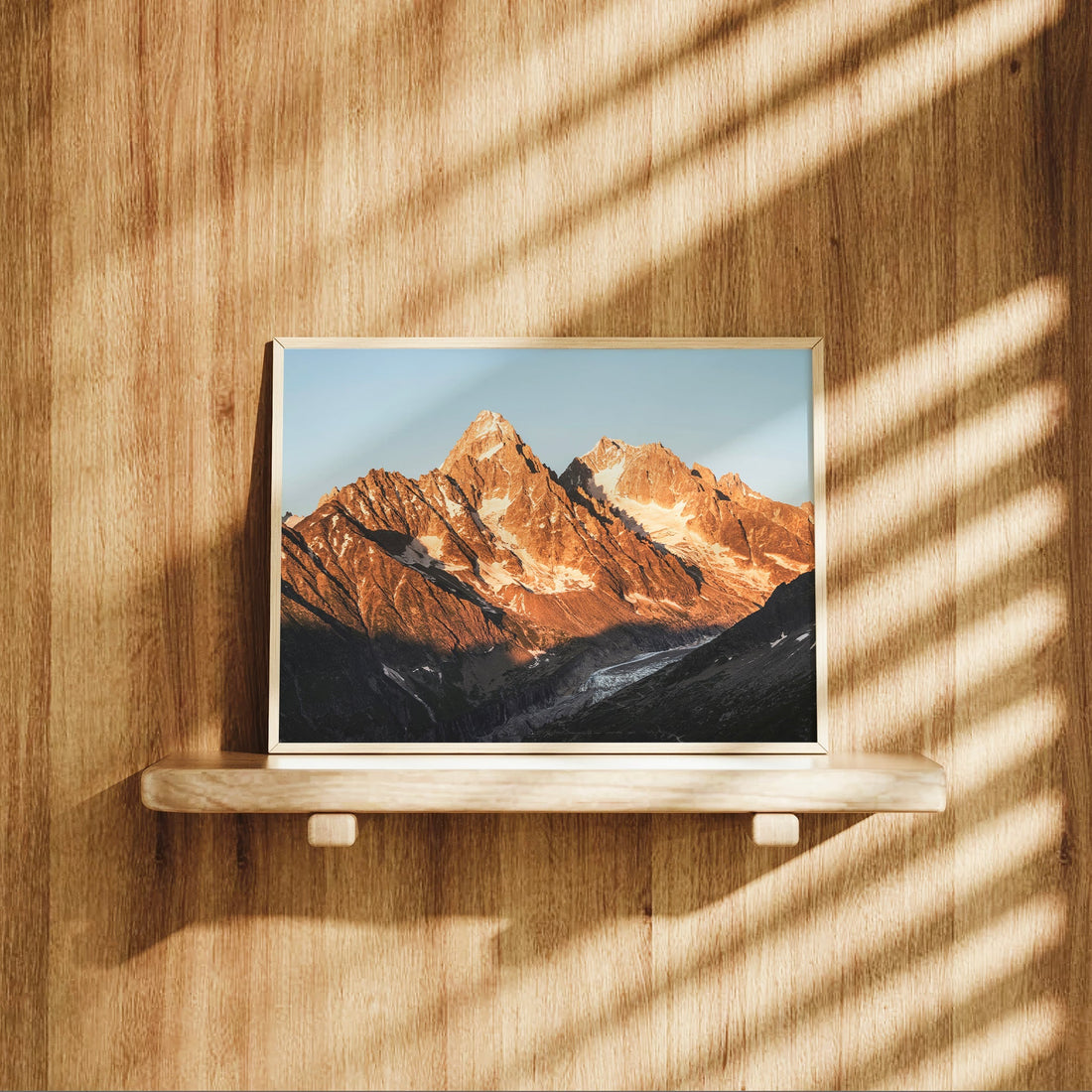 Stunning photo print of a sunlit Aiguille du Chardonnet peak in the French Alps near Chamonix.