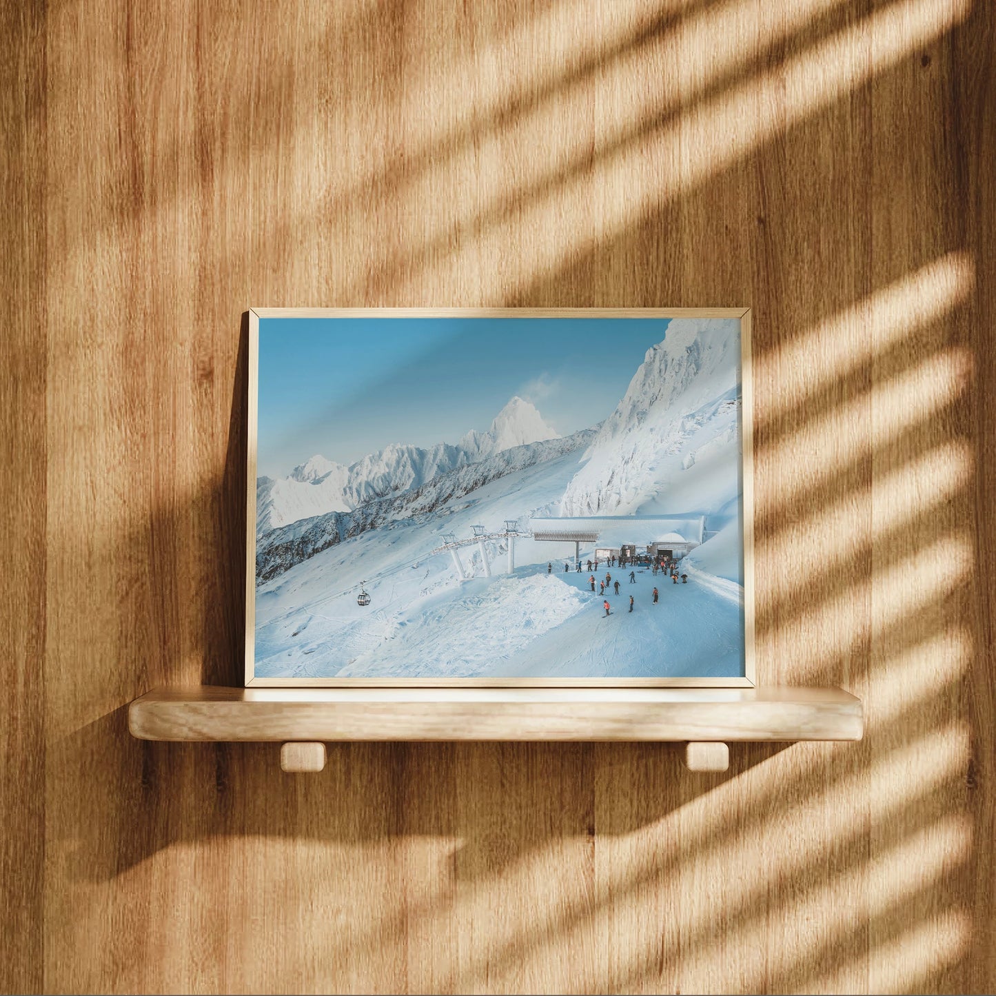 Stunning French Alps ski lift artwork from Bochard in Chamonix, showing crisp snow and jagged peaks.