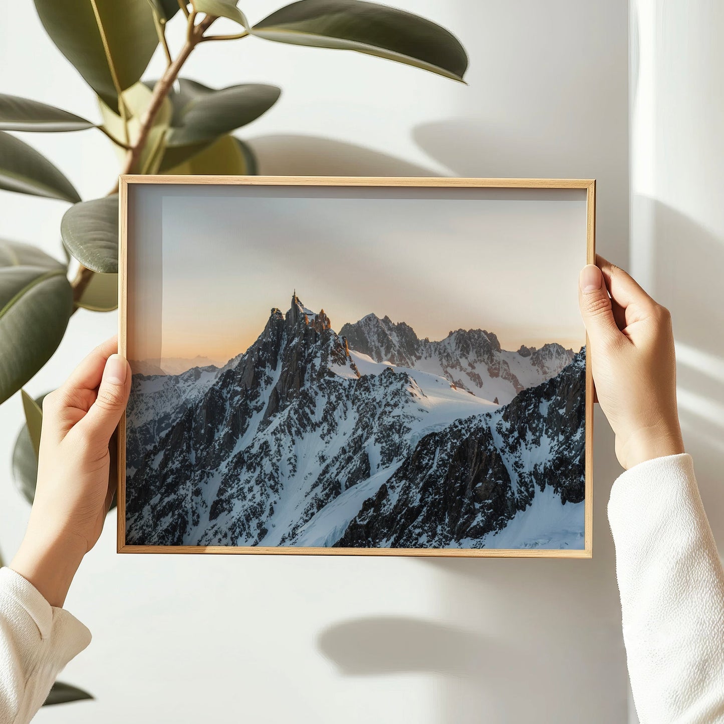 Fine art French Alps wall art print of a snow-covered Aiguille du Midi at sunrise above the glacier.